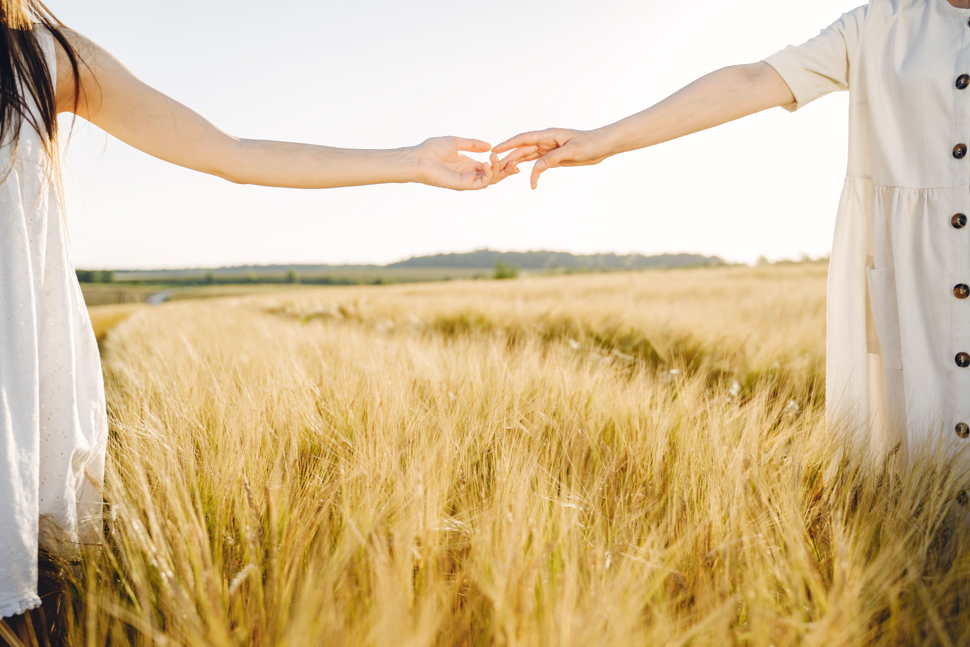 Two women reaching for each other across a golden field